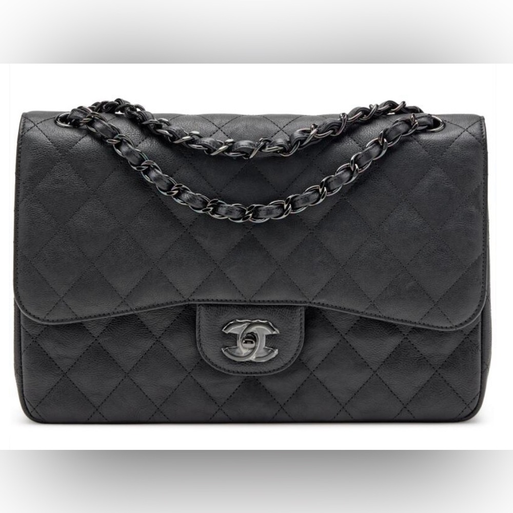 RARE!! So Black CHANEL Quilted Crumpled Calfskin Jumbo Classic Double Flap